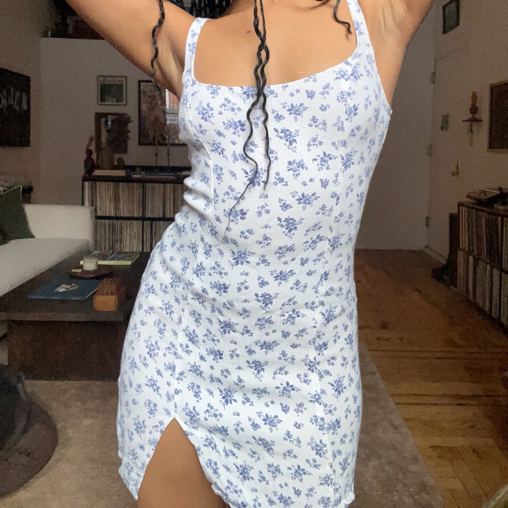 Reformation blue and white mini dress